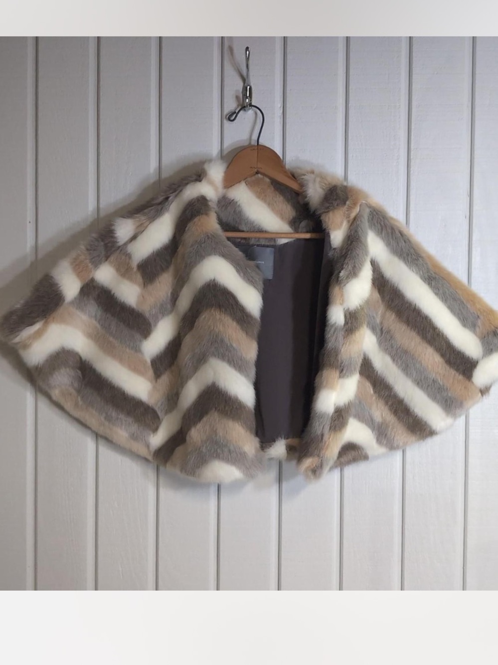 Anthropologie Chevron Faux Fur Cape in Cream, Gray & Tan